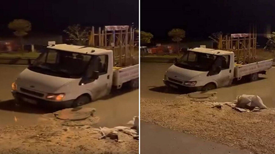 Ankara’da yağıştan çöken yolda bir kamyonet mahsur kaldı.