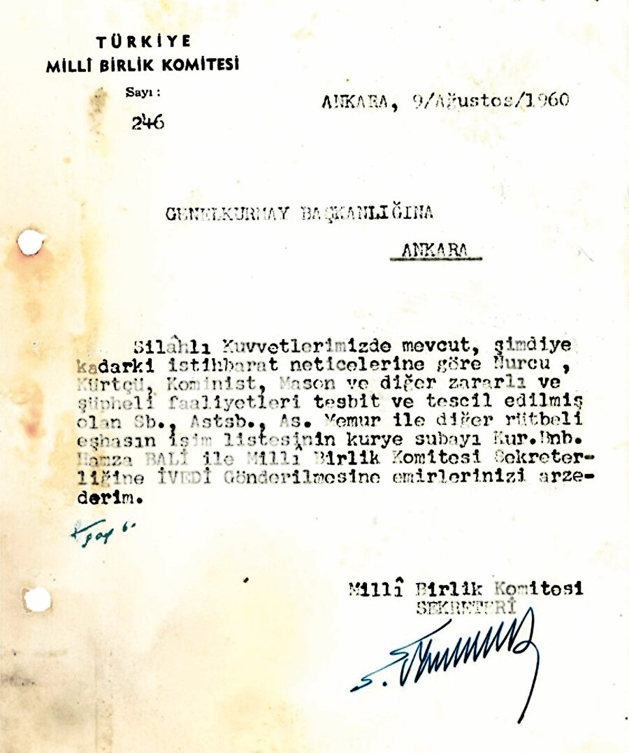 Millî Birlik Komitesi, Genelkurmay Başkanlığı’na gönderdiği 9 Ağustos 1960 tarih ve 246 sayılı belge.