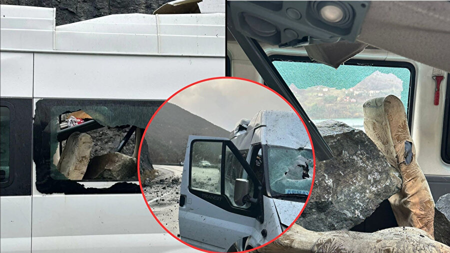 Artvin'de seyir halindeki yolcu minibüsüne kaya parçaları düştü