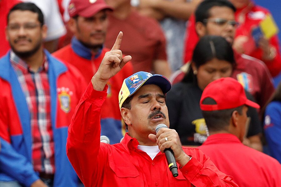 Venezuela Devlet Başkanı Nicolas Maduro, halka yaptığı bir konuşma esnasında görünüyor.