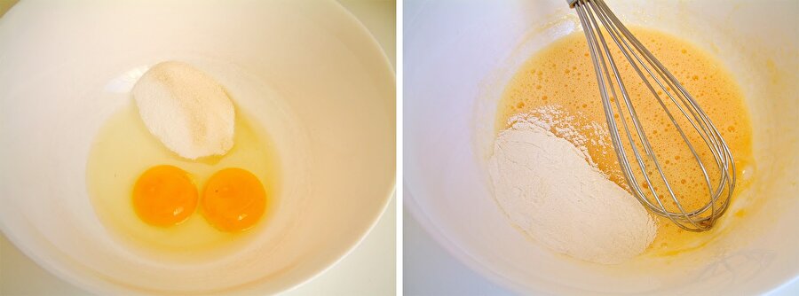 Farklı bir kap çıkarın.

                                    
                                    Kek hamuru için, yumurtaları ve toz şekeri bir kapta köpürene kadar çırpın. Kolunuz yorulana kadar çırpmayı unutmayın.
                                
                                