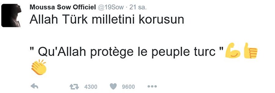 
                                    
                                    Fenerbahçe'nin eski futbolcularından Moussa Sow, "Allah Türk milliteni korusun" mesajını yayınladı.
                                
                                