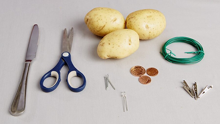 Malzemeleri hazırlayın!

	Deney için gerekli olanlar; 2 adet patates, 4 adeta bakır pul, 4 adet çinko pul, kablo ve led lamba.
