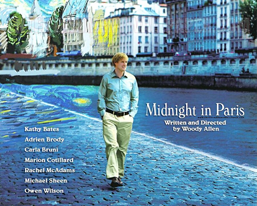 Midnight in Paris / Paris'te Gece Yarısı
Yönetmen: Woody Allen
Senarist: Woody Allen
Oyuncular: Owen Wilson, Rachel McAdams, Marion Cotillard, Kathy Bates, Adrien Brody, Carla Bruni, Michael Sheen
Yapım Yılı: 2011
Ülke: ABD, İspanya

 Evlilik hazırlığı yapan Amerikalı çift Inez ve Gil, Paris'e küçük bir tatil yapmak için giderler. Sonbaharda evlenecek olan çift, Inez'in babasının Paris'te işinin olmasından faydalanarak bu romantik şehirde güzel vakit geçirmeyi planlar. Ancak çiftin planları Gil'in gece yarısı Paris sokaklarında dolaşırken yaşadığı gerçek üstü maceralarla altüst olur.
