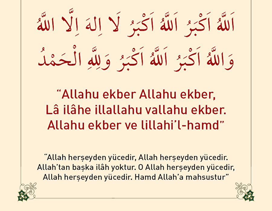 Teşrik tekbirlerini unutmayalım
Arafe günü sabah namazından sonra başlayarak bayramın dördüncü günü ikindi namazı sonuna kadar devam etmek üzere "teşrik tekbirleri" getirilebilir.