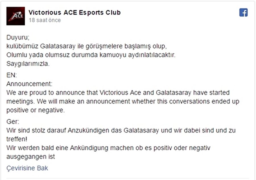 Açıklama kaldırıldı ama..

                                    Multiplayer sitesinin haberine göre Victorious ACE bu konuyla ilgili önce Facebook sayfasındanaçıklama yapmasına rağmen daha sonra açıklamayı kaldırdı ancak Multiplayer bu açıklamanın ekran görüntüsünü paylaştı.
                                