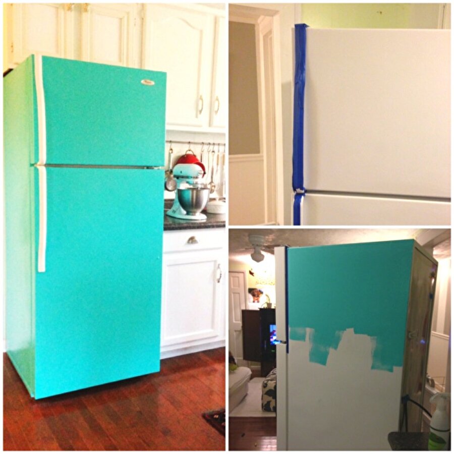 Son derece basit
Bir kutu boya ve çift taraflı bant kullanarak, dolabınızı sıkıcı renginden kurtarabilirsiniz. 