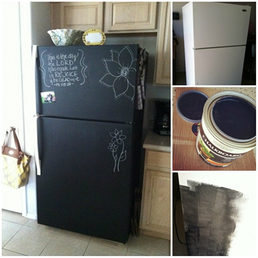 Kara tahta!
Buzdolabınızı simsiyaha boyamaya ne dersiniz? Çocuklarınız bu siyah dolabın üzerini tebeşirle rahatlıkla süsleyebilir. 