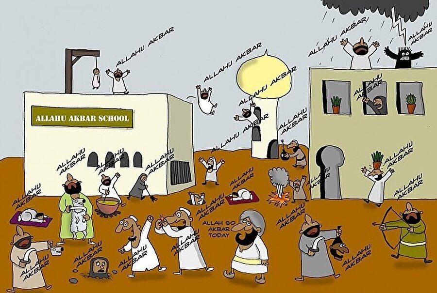 İşte, batının 'Allah-u Akbar' tekbiri için düşündüklerini yansıtan bir karikatür.
