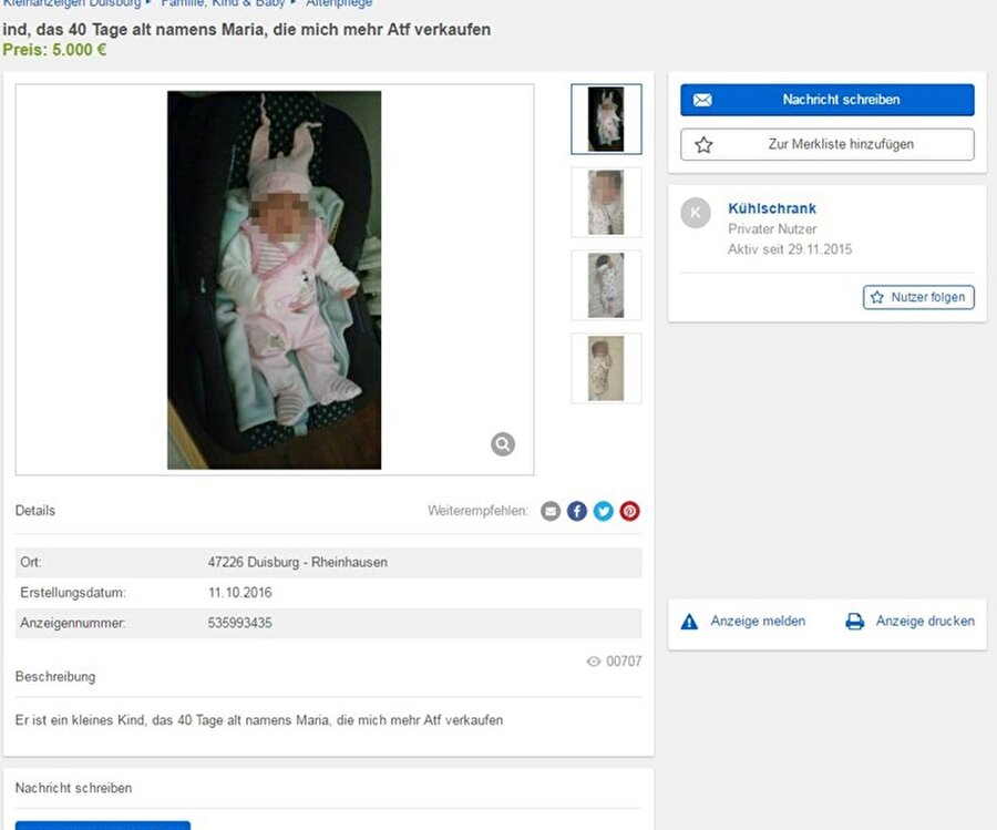 40 günlük bebeğini internet üzerinden satışa çıkardı