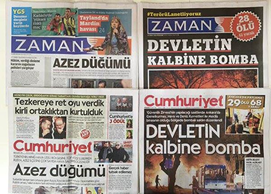 Zaman ve Cumhuriyet aynı manşet

                                    Gazete, FETÖ'nün yayın organı Zaman gazetesi aynı manşetleri attığı iddiasıyla da suçlanıyor.

 Ankara'da 18 Şubat 2016'da yapılan bombalı saldırıya ilişkin her iki gazetenin "Devletin kalbine bomba'', 16 Şubat 2016'da da ''Azez düğümü'' manşetiyle çıktığı kaydedildi.

                                