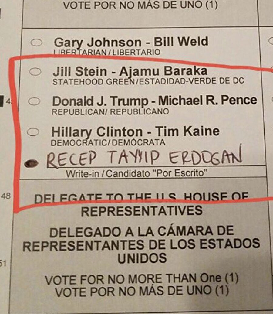 ABD'de oy kullanan seçmenlerden biri Recep Tayyip Erdoğan'a sembolik olarak oy attı. Erdoğan'ın ismi, Clinton ve Trump'la birlikte toplam 4 adayın yer aldığı oy pusulasına böyle eklendi.

                                    
                                    
                                    
                                    
                                    
                                    
                                    
                                    
                                    
                                    
                                
                                
                                
                                
                                
                                
                                
                                
                                
                                