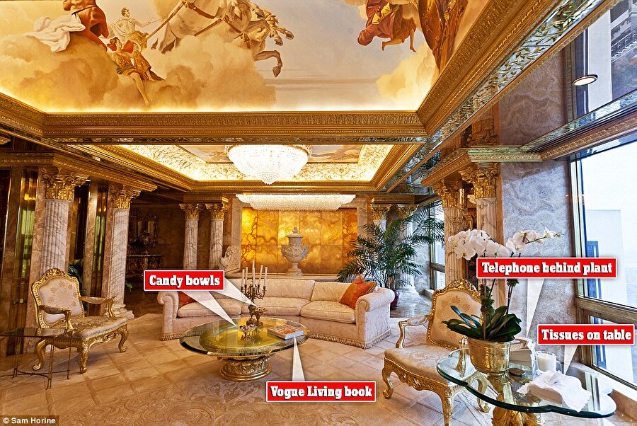 
                                    Trump'ın oturma odası olan bu kısımda; Yunan mitolojisini tasvir eden tasarımlar hakimdir.
                                
