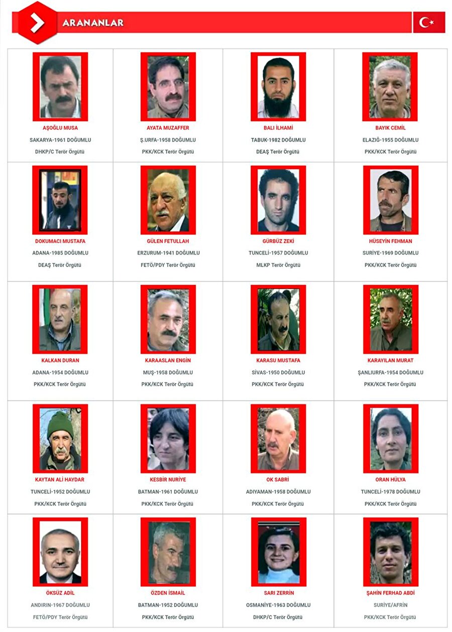 Terörist başlarının olduğu kırmızı listedekiler için ise 4 milyon TL ödül veriliyor
FETÖ lideri Fetullah Gülen, PKK liderleri Murat Karayılan ve Cemil Bayık, DHKP-C liderleri Musa Aşoğlu ve Zerrin Sarı gibi terörist başı ve örgütün üst düzey yöneticileri kırmızı listeyle aranıyor. (Ayrıntılı bilgi için)