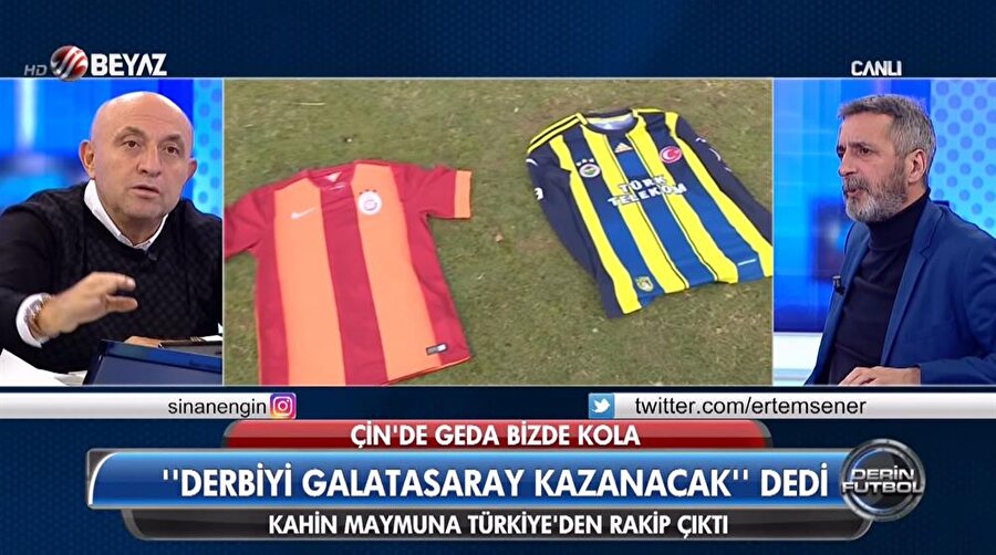 Beyaz TV muhabiri Zengin Gelmez, maymun Kola'nın önüne Galatasaray ve Fenerbahçe formaları serdi.
