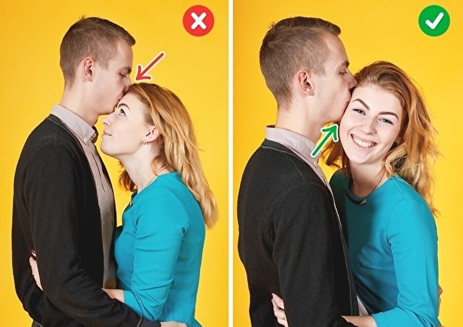 Gülümseyin 

                                    Eşinizin alnınızdan öpmesi durumunda, yüzünüz gömülü kalıp görünmeyecektir. Bu yüzden kameraya dönük kalmalısınız.
                                
