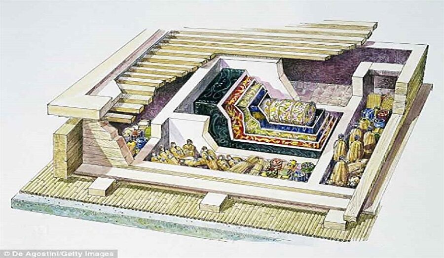 Leydi Şin’in mezarı
Leydi Şin Zhui'nin türbe mezarında 100 ipek elbise, hizmetçilerini simgeleyen 160 ahşap figür, makyaj ve güzellik malzemeleri de bulundu. Kadının bedeni ise iç içe konulmuş 4 ayrı tabutun içinde, 20 kat ipek örtüye sarılmış olarak çıkarıldı. Kömür karasıyla kaplanan ve bakırla mühürlenen tabutların sudan korunduğu ve içine bakterilerin giremediği anlaşıldı.