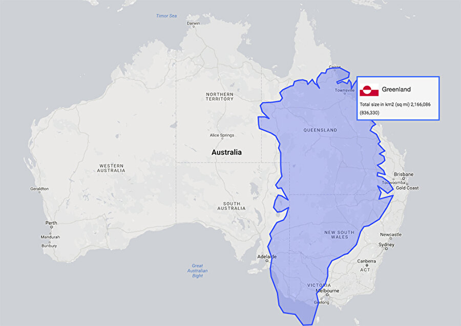Yarısı gibi görünmesine rağmen Grönland’ın aslında Avustralya'nın 3'te 1'i kadardır

                                    
                                