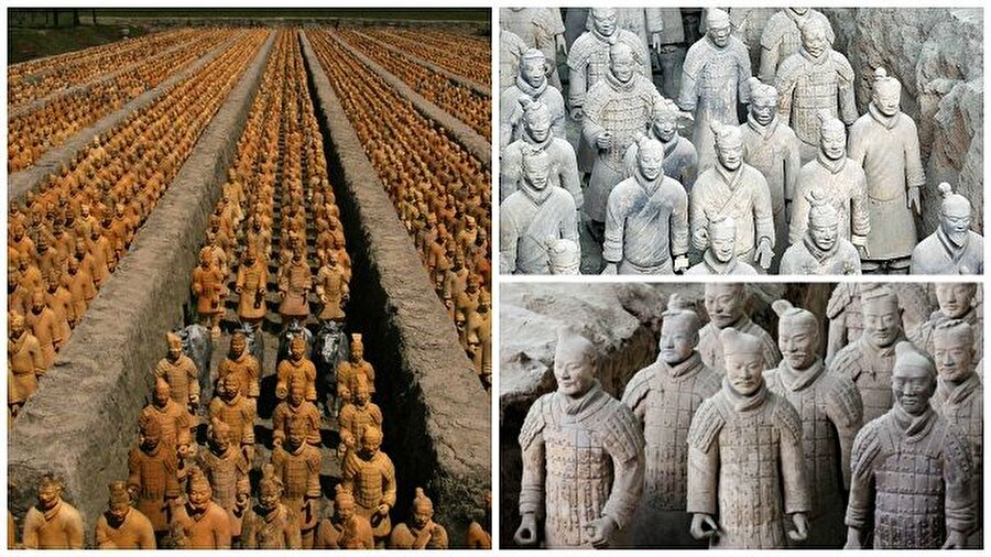 Çin Halk Cumhuriyeti’ndeki in Shi Huang Türbesi
1974'te Çin Halk Cumhuriyeti'nin Shaanxi eyaletine bağlı Xi'an yakınlarında bir çiftçi tarafından bulunan, her birinin yüz ifadesi farklı olan ve büyük bir gizem taşıyan binlerce adet toprak askerin bulunduğu bu mekana girişler ve araştırmalar Çin Halk Cumhuriyeti tarafından kısıtlanmıştır. Bu gizemli heykellerin “İlklerin imparatoru” olarak bilinen Çin Şı Huang'ın mezarını koruduğuna inanılmaktadır. Boyları 183-195 santimetre arasında değişen toprak askerlerin bulunduğu kazı alanında çoğu hala toprak altında 8.000 asker, 520 atıyla birlikte 130 savaş arabası, 150 süvari atı bulunduğu tahmin edilmektedir.
