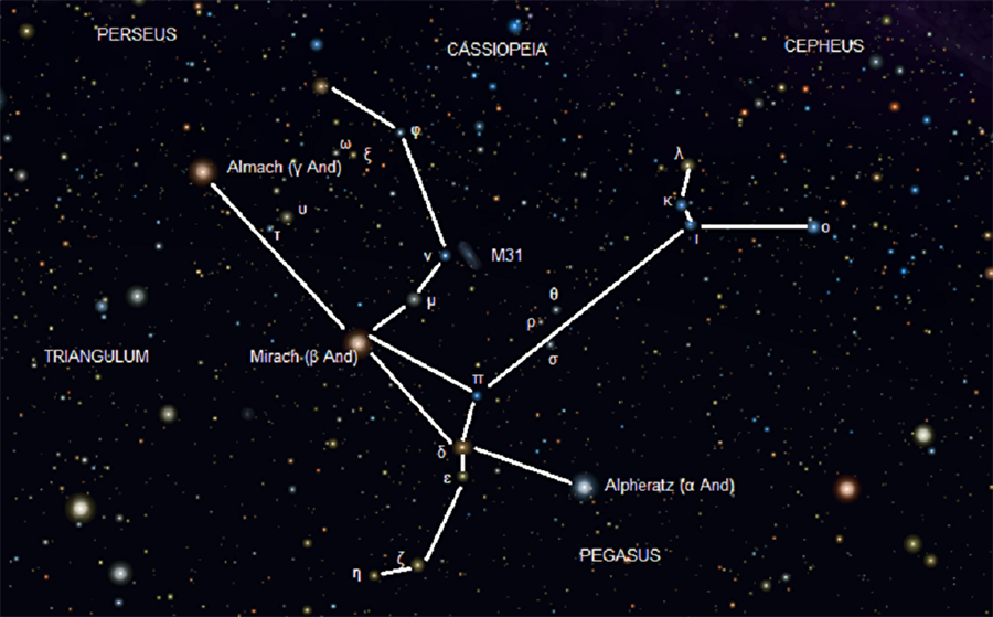Andromeda takımyıldızı (Zincirli Prenses)
Bulunan ilk takımyıldızlardan birisi olan Andromeda takımyıldızı adını Yunan mitolojisindeki Prenses Andromeda'dan almıştır. Pegasus takımyıldızının yanında bulunur ve en önemli özelliği ise Andromeda gökadasını içinde barındırıyor olmasıdır.