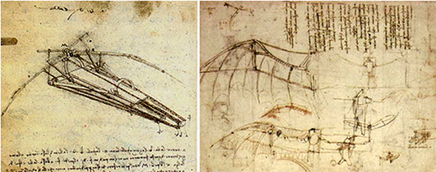 Ornithopter
Kuşlara hayranlığı ile bilinen Da Vinci neredeyse her gün kuşları inceler ve bunlar hakkında notlar tutardı. Bir kuş gibi kanat çırparak havalanma fikri ile ornithopteri tasarladı. Tasarlanan düzeneği bir insanın kas gücü ile harekete geçirmesi oldukça zor da olsa aerodinamik açıdan ne kadar başarılı olduğu yadsınamaz bir gerçektir. 
