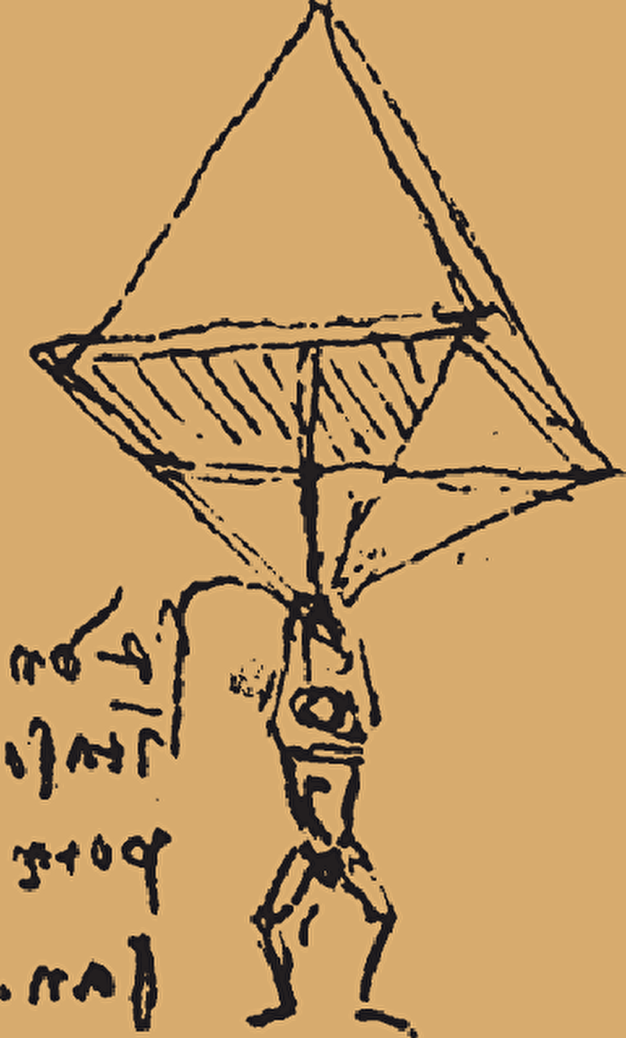 Paraşüt 
Leonardo Da Vinci insanın uçması fikri ile tasarladığı piramit şeklindeki paraşüt. Not tuttuğu defterlerinden birinde bulunan bu tasarım yüksekten atlayan bir kişinin incinmeden yere inmesini sağlayan bir alettir. Günümüzdeki paraşütlerin atası niteliğinde olmasının yanı sıra tam olarak tasarladığı modelin aynısı denenmiş ve zor da olsa başarılı bir iniş gerçekleşmiştir. 