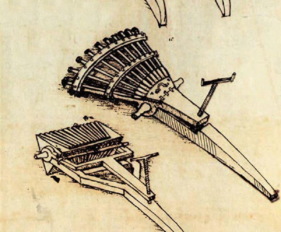 Makineli tüfek
33 namluya sahip 3 tane 11'li tüfekten meydana getirdiği icadı günümüzdeki makineli tüfekler gibi olmasa da o dönem için oldukça ileride bir buluştur. Savaş aletlerinden ve silahlardan nefret eden Da Vinci'nin makineli tüfeği tasarlamasının nedeni yaşadığı sıkıntılar karşısında bir miktar para kazanmaktır. Zaten Da Vinci'nin hiçbir silah tasarımı üretilmemiştir. 