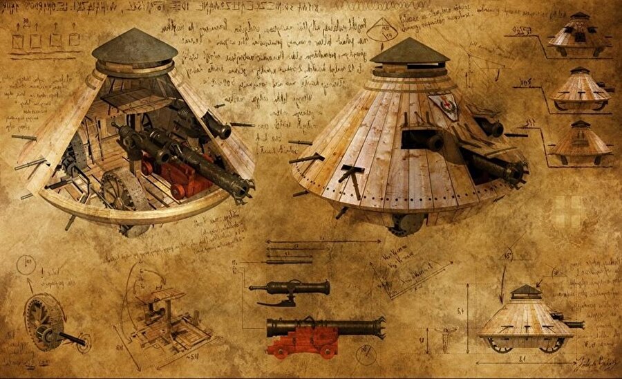 Zırhlı tank
8 adamın kas gücüyle hareket eden zırhlı bir tank tasarlamıştır Da Vinci. Üzerinde toplamda 36 adet silah bulunmakta ve her yönden gelebilecek tehlikeyi savuşturabilecek bir yapıya sahipti. Da Vinci'nin not defterlerindeki çizimlerde belli birkaç hata vardır. Fakat böylesine bir dehanın böyle hatalar yapması içten bile değildir. Söylenilenlere göre Da Vinci savaşlardan nefret ettiği için bu zırhlı ölüm aracını bilerek hatalı çizdiğidir. 