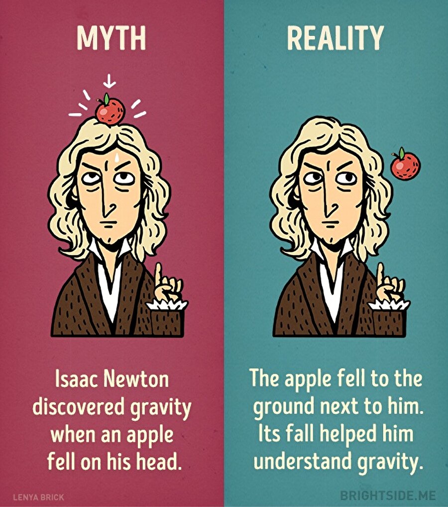 Newton'un meşhur keşfini bulması elma yolu ile olmuştur ancak bu elma kafasına değil yakınında bir yere düşmüştür.
