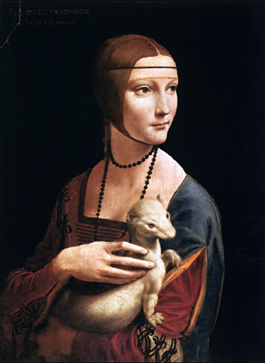 Leonardo Da Vinci “Lady with an Ermine”
İlk dönem İtalyan Rönesansı'nın en büyük ismi olan Leonardo Da Vinci, resim alanında kayıtlara göre yalnızca dört kadın portresi yapmış. İşte bu portrelerden birisi de Cecilia Gallerani'nin portresidir. Resimde 16 yaşında olan bu figür, soylu bir aileden gelmiyordu, Milan Dükünün sevgilisiydi. Dönemin pek çok sanatkarı gibi Dük'ün emrinde olan Leonardo, rica üzerine Cecilia'nın bu eserini yapmıştır. Resimde, dilimizde 'kakım' olarak bilinen Sansargillerden gelme bu hayvan çeşidini kucağında tutmaktadır. Kış mevsiminde tüyleri beyazlayan kakımlar, saflık, iyi kalplilik sembolüdür.
