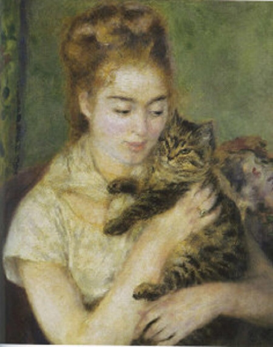  Pierre-Auguste Renoir: Kedi seni seviyorum
Ünlü Fransız ressam Renoir'ın Washington'daki National Galery of Art'da sergilenen 'Femme au chat' (Kedili Kadın) tablosu, kedilerle sahiplerinin arasındaki aşkı ve şefkati resmediyor. Tablo hayvan ve insan arasındaki yakınlığın altını çizerken, hissedilen duyguları da öne çıkarıyor. Sanatçının 1870'li yıllardaki favori modellerinden Nini Lopez'in suratından kedisine duyduğu sevgi okunabiliyor.