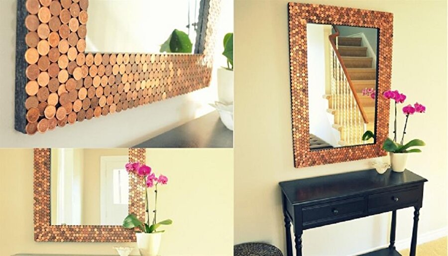 Ayna çerçevesi
Eski dönemlerden kalma ayna çerçevelerine istinaden oldukça şık ve sade durmaktadır. Özellikle bakır renkli madeni paralar ile çok güzel bir tasarım yapabilirsiniz.