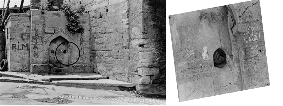 Mehmed Kethüda Çeşmesi (1624)
Mevlevihanekapısı içinde sura bitişik çeşmenin kemerinin sağ üzengisinde ve ayna taşı üstünde remiz kazılıdır. Ayna taşı üstündeki remiz, bir ulufe kesesidir. Sağdaki remiz ise 1188 (1774-1775) tarihli olup yüzeyi keski ile tahrip edilmiştir. Çeşmenin kemerinin sol üstünde de 25x17 cm. ebadında bir remiz daha vardı. Bu da yine ulufe kesesi olup ölçüsü 40x14cm. idi. 2002 yılındaki restorasyon esnasında bunlar tahrip edildi.