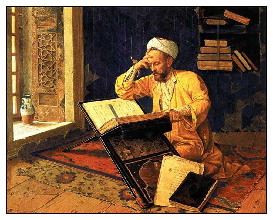 Kuran Okuyan Adam
Kuran Okuyan Adam, Osman Hamdi Bey'in 1910 tarihli, kendini resmettiği tablosudur. Eserde, Osman Hamdi Bey'i temsilen yaşlı bir adam cami içinde oturmaktadır. Ahşap bir rahlede Kur'an okumakta, yan tarafında ise muhtemelen göz attığı başka kitaplar bulunmaktadır. Üzerinde oturduğu halı bir parça kaymıştır; buradan adamın uzunca bir süredir Kur'an okumakla meşgul olduğu anlaşılmaktadır.