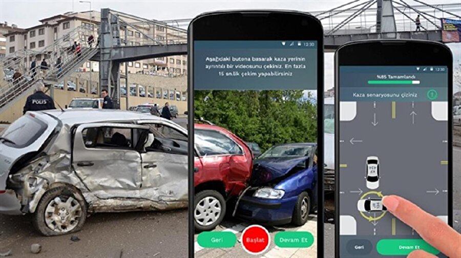  'Mobil Kaza Tutanağı' uygulamasında, maddi hasarlı kazaya karışan araç sahipleri önce kazanın fotoğrafını çekiyor ve aracını trafiği aksatmayacak şekilde yol kenarına çekiyor. 
