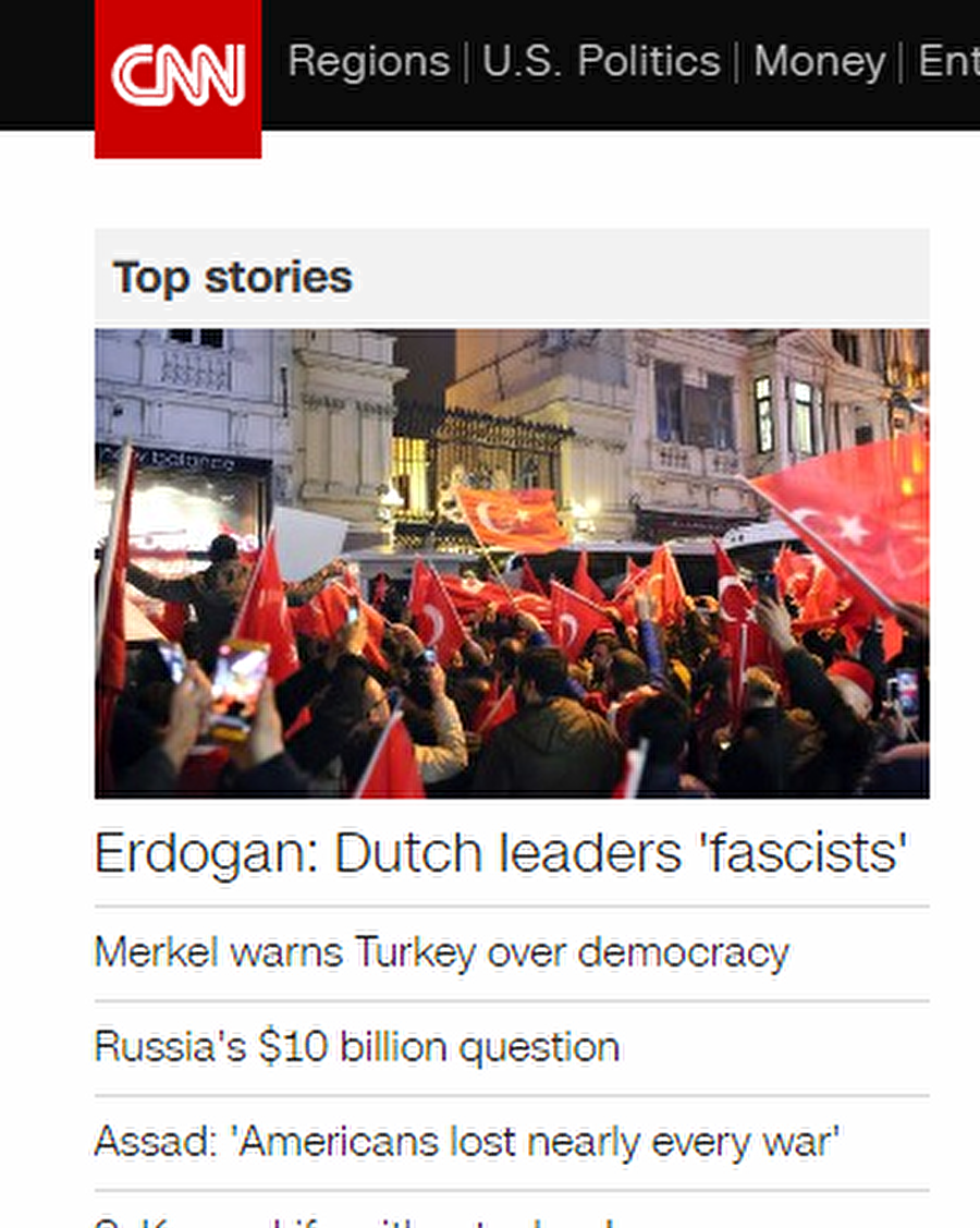 CNN (Amerika)

                                    
                                    ABD merkezli CNN ise Erdoğan'ın Hollandalı liderlere 'faşist' dediği ifadelerini manşete taşıdı.
                                
                                