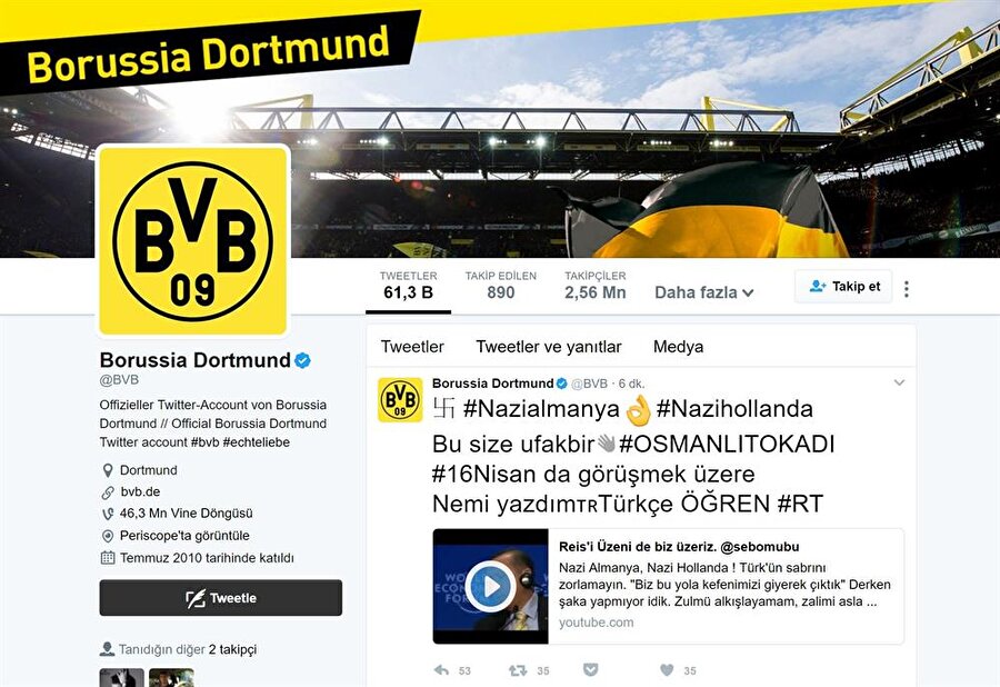 Borussia Dortmund'un Twitter sayfasını hacklediler!
Saldırılar spor kulüplerinin sosyal mecralarına kadar sıçradı. Son olarak Twitter'da mavi tik onaylı resmi Borussia Dortmund hesabı da Türkler tarafından ele geçirildi.

Elbette konuyu protesto eden ufak bir 
paylaşım da yapıldı. Durumun sosyal medya yöneticileri tarafından fark edilmesinden bir süre sonra tweet kaldırıldı. 
