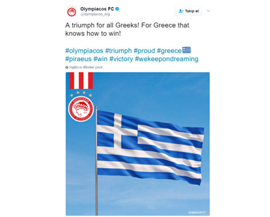 
                                    
                                    
                                    
	Yunan ekibi Olympiakos, UEFA Avrupa Ligi son 32 turunda Osmanlıspor'u eledikten sonra karşılarına Beşiktaş'ın geleceğinden habersiz haddini aşan mesajlar atmıştı. "Tüm Rumlar için bir zafer! Yunanistan nasıl kazanılacağını iyi bilir" demişti. Beşiktaş'ın tarihi galibiyeti paylaşılan bu Tweet'e güzel bir cevap oldu.

                                
                                
                                
