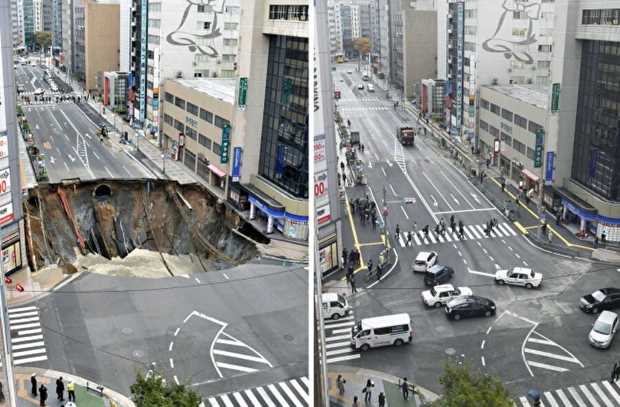 Yıldırım gibi hızlılar
Japonya'nın Fukuoka şehrinde 2014'te bir yol çöktü. Yaklaşık 14 metrelik çukur, 48 saat içinde yeniden yapıldı. 