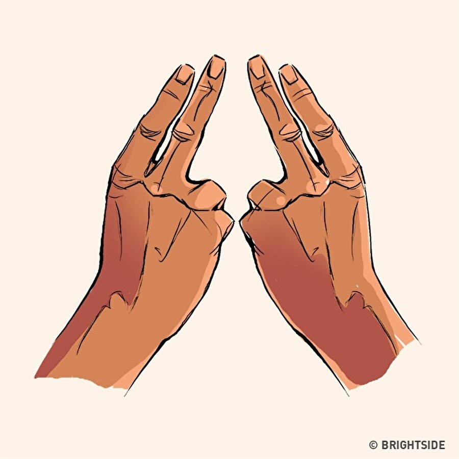 Her iki elinizin orta ve işaret parmaklarını kullanarak bir A harfi oluşturun. Geri kalan diğer üçer parmağınızı ise yumruğunuzu sıkıyormuş gibi bükün.

                                    
                                