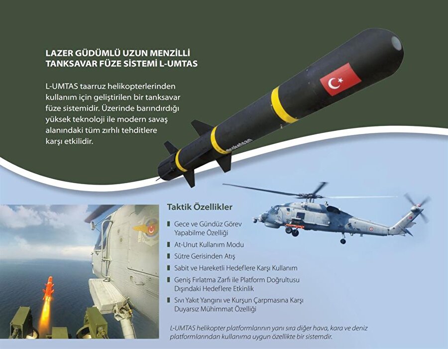 L-UMTAS lazer güdümlü füzenin özellikleri

                                    Daha çok taarruz helikopterlerinde kullanım için tasarlanan L-UMTAS füzesi, modern savaş alanındaki tüm zırhlı tehditlere etkili şekilde görev yapıyor. L-UMTAS'ın teknik özellikleri ise şöyle: Menzil: 500 metre - 8000 metreÇap: 160 mmBoy: 1800 mmAğırlık: 37.5 kilogramArayıcı Başlık: Lazer Arayıcı BaşlıkHarp Başlığı: Reaktif Korumalı Zırhlara Karşı Etkili Tandem
                                