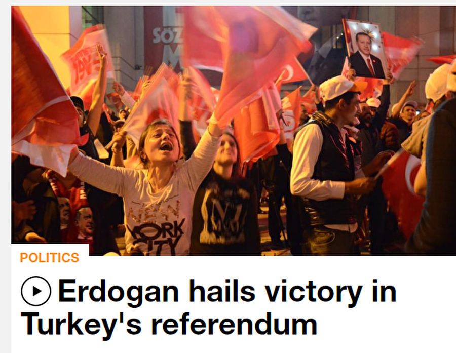Al-Jazeera
Al-Jazeera, "Türkiye'deki referandumda AK Parti zafer ilan etti" başlığını kullandı.