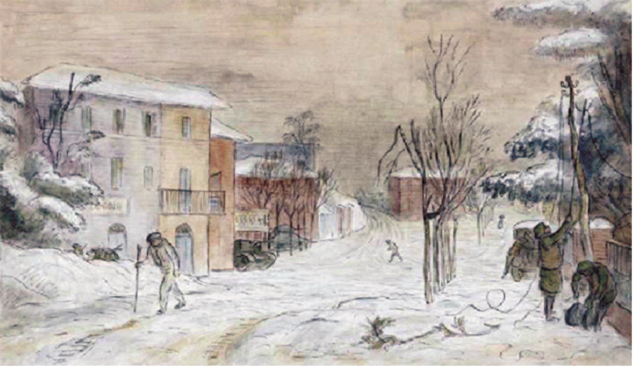 Aydınlık bir kara kış Karla kaplı bir köyü tasvir eden bu çizimde görünen o ki, kazma kürek yaktıran bir Mart ayı yaşanmaktadır.