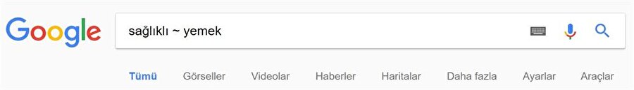 Eş anlamlı kelimeleri kullanarak arama yapmak, sonuçlardaki doğruluğu önemli bir oranda artırır. Bunun için "~" işareti kullanılabiliyor. Örneğin "sağlıklı ~ yemek" şeklindeki bir arama sağlıklı yemek tariflerini karşınıza çıkarır. 

                                    
                                
