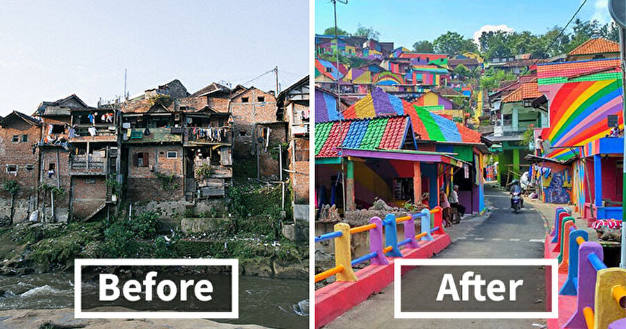 Endonezya’daki bu küçük köyde bulunan 232 bina gökkuşağı renkleriyle boyandı.