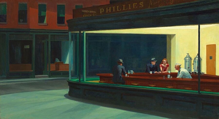 Gece Kuşları

                                    Sanatçının eserlerinde daha çok günlük Amerikan hayatının yalnızlığı yer aldı. Barlar, restoranlar ve hatta benzin istasyonları bile Hopper’ın ilgi odağı oldu. Manhattan’daki bir restorandan esinlenerek çizdiği ‘Gece Kuşları’ tablosu, Amerikan resim tarihinin önemli eserlerinden biridir.
                                