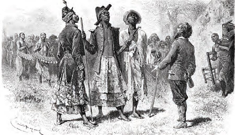Kongo’nun Belçika tarafından sömürgeleştirilmesi geleneksel dengeleri bozduğundan Sahraaltı Afrika’sında sular bugün bile durulmuyor. Kongolu Dombe kabilesinin üç prensini gösteren bir illüstrasyon.