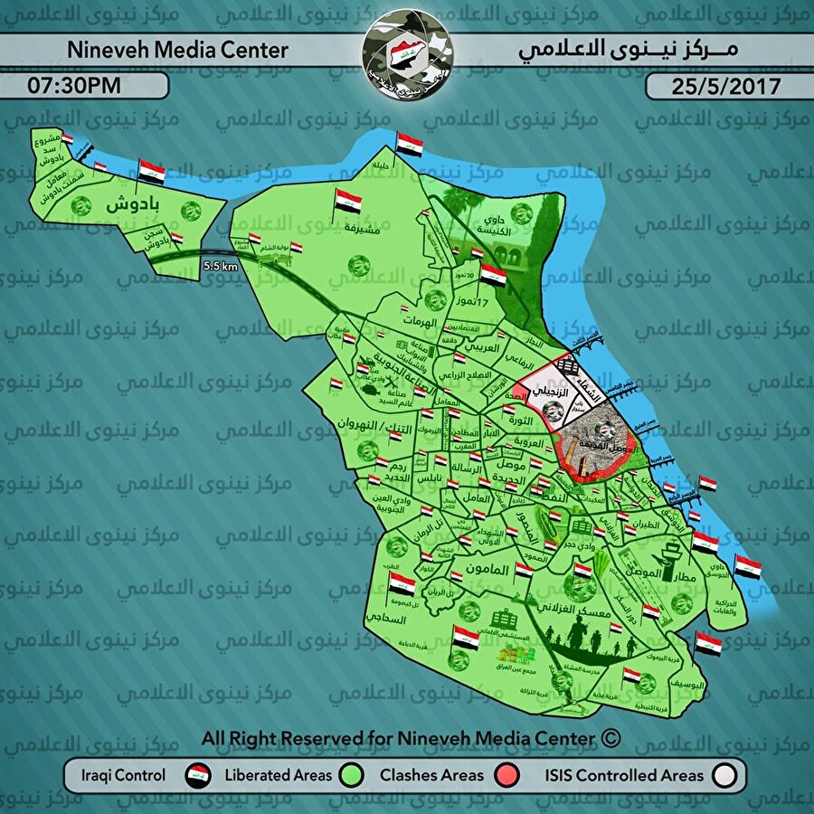 19 Şubat’ta şehrin Batısına başlayan operasyonda çok çetin geçti. 3 cepheden süren oprrasyonda binlerce Irak güvenlik gücü öldü, yüzlerce sivil hayatını kaybetti.

                                    
                                    
                                    
                                    * Musul'un batı yakası
                                
                                
                                
                                