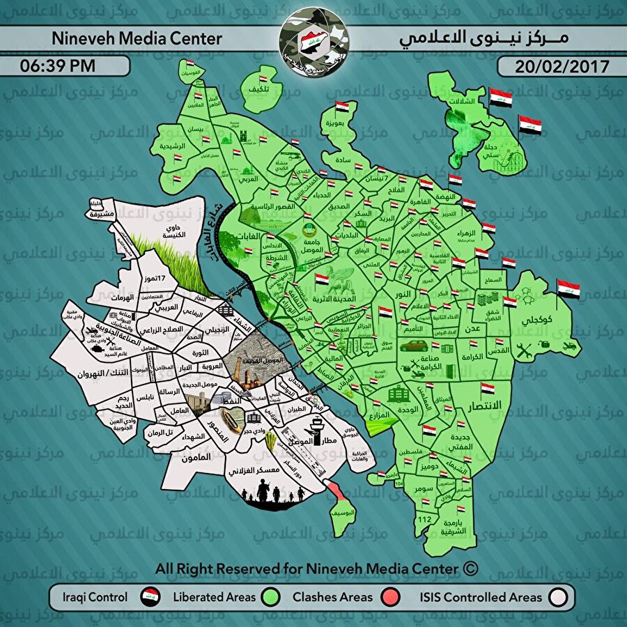 16 Ekim 2016’da duyurulan ve 17 Ekim 2017’de başlayan Musul operasyonu ilk etapta doğu yakasını kapsadı. Yaklaşık 100 gün süren operasyonlar neticesinde şehrin doğu yakası 24 Ocak’ta tamamen terör örgütünün elinden alındı.

                                    
                                    
                                    * Musul haritası
                                
                                
                                
