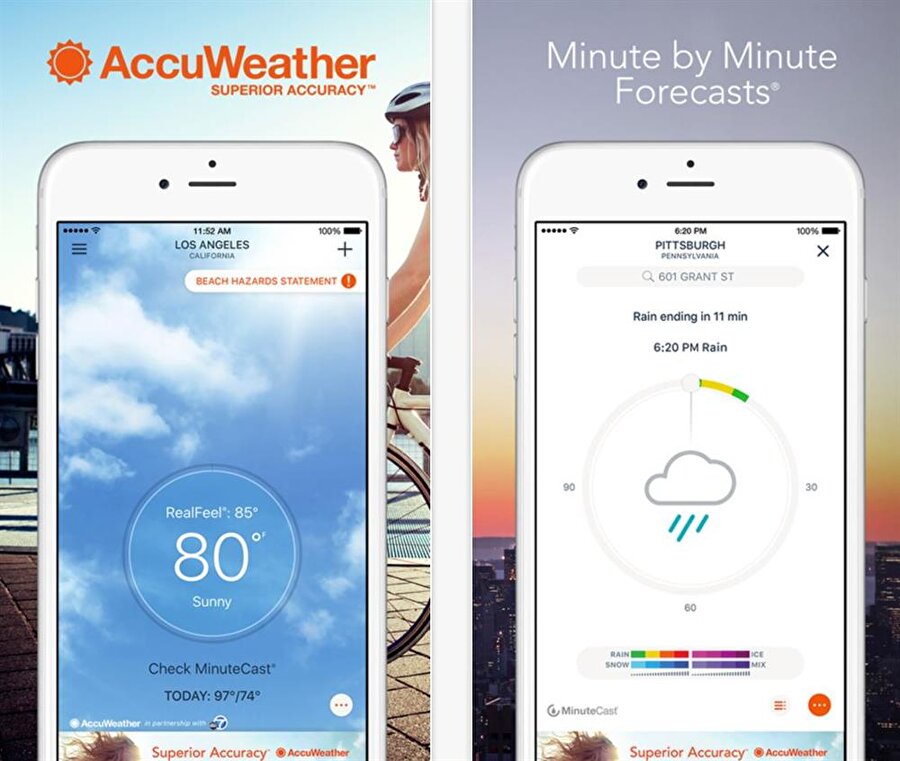 ​AccuWeather: En kesin hava durumu bilgisi veren mobil uygulamalarından biri. Yaklaşık 1.5 milyar farklı cihazda kurulu olan bu uygulama, mevcut hava durumu gözlemlerinin yanı sıra ayrıntılı bilgiler de veriyor. Üstelik yerek ve kısa dönemli tahminlerin yanı sıra radar animasyonları ve uydu görüntüleri de AccuWeather'ın en başarılı uygulamalardan biri. 
AccuWeather (Google Play)AccuWeather (iOS)